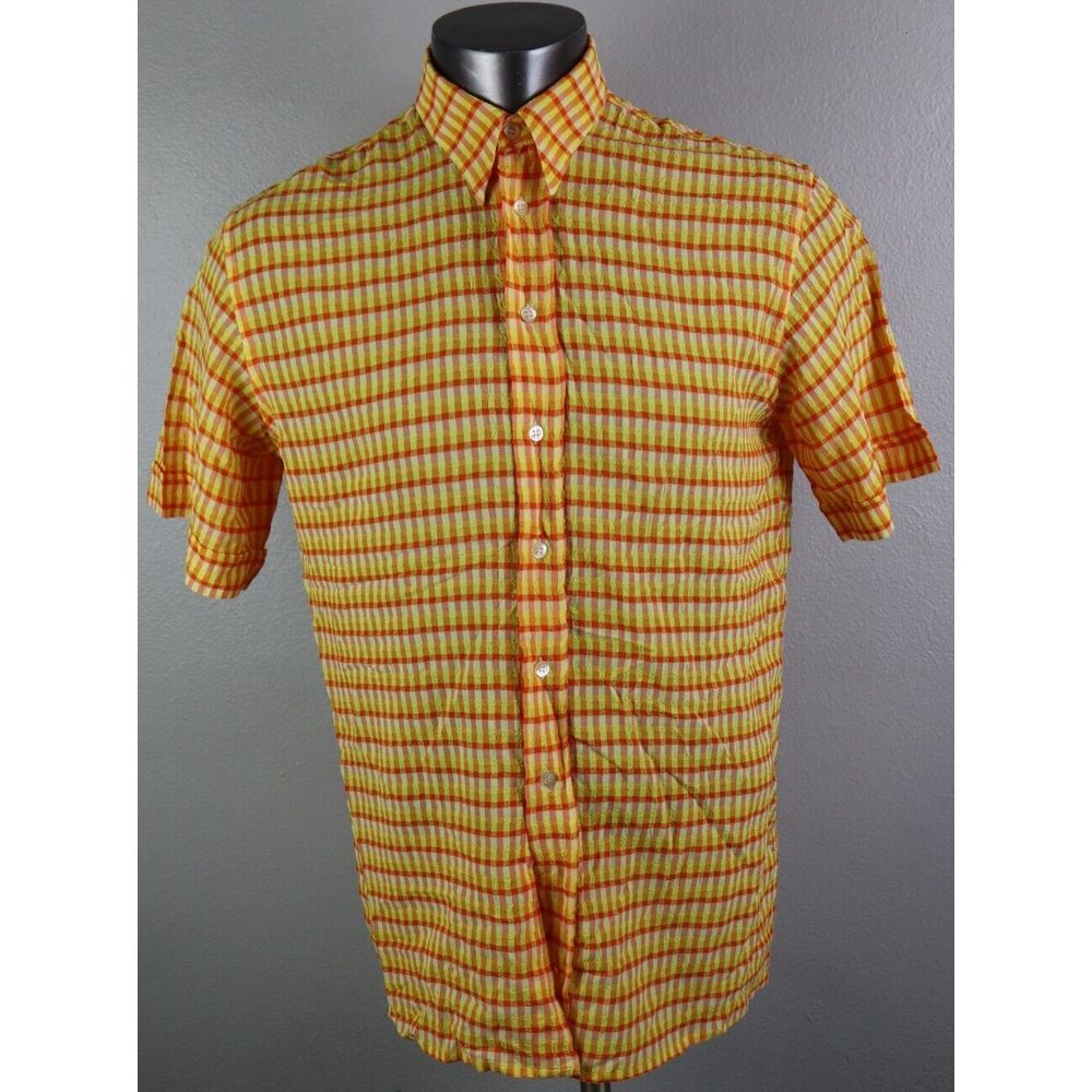 Vintage Mens Ross Graison Yellow Orange Disco Shirt Button Front M Rayon Blend
